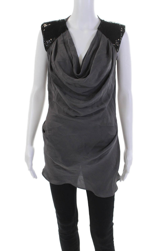 Laila Azhar Womens Silk Cowl Neck Sequin Trim Sleeveless Blouse Gray Size 6