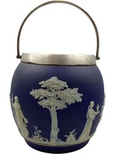 Wedgwood Blue Jasperware Biscuit Barrel with Silver Plated Lid and Handle PPWH