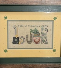Framed St Patrick Day Cross Stitch Bit of Irish Luck Leprechaun Pot of Gold Art