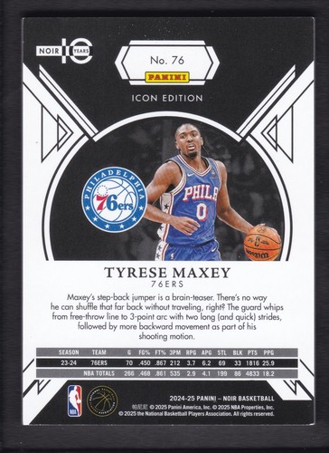 2024-25 TYRESE MAXEY 06/49 PANINI NOIR ICON EDITION - Picture 2 of 2