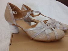 Women  s Latin Salsa Ballroom Dance Shoes Gold Glitter Satin 2.5  Heel Suede Sole