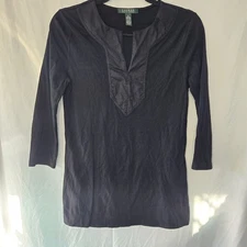 Lauren Ralph Lauren 100% Cotton Tunic Black Women's Small Resort Coastal Beachy