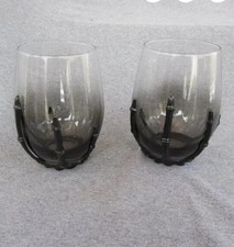 2 Pottery Barn Stemless Wine Glasses With Metal Skeleton Hands Halloween