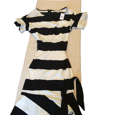 NWT! LOFT Black/White Stripe Short Sleeved Tie Waist Flounce Dress Sz 2
