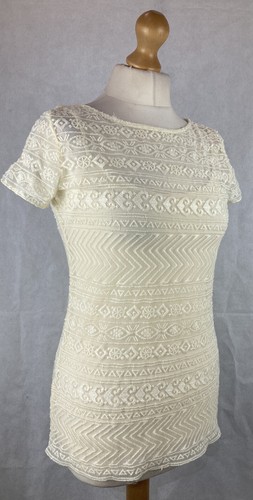 Top Ralph Lauren Mujer Crema Malla Transparente Bordado Manga Corta XS UK10 A15 - Imagen 8 de 11