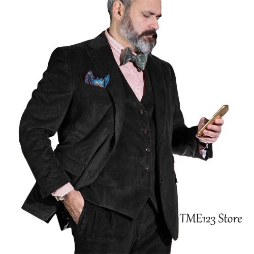 Men 3PCS Retro Corduroy Single-breasted Slim-fit Suit Suit Jacket + Vest + Pant - Picture 7 of 37