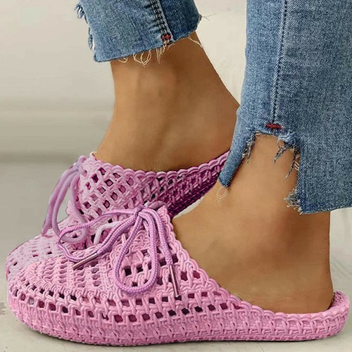 Womens Hollow Out Slippers Closed Toe Sandals Casual Beach Shoes Lace Up Flat - Picture 14 of 17