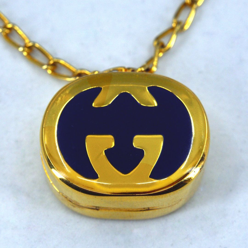 GUCCI Interlocking G Gold Tone Pill Case Pendant Long Necklace Vintage Rare - Picture 2 of 5