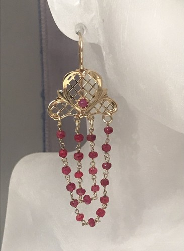 RUBY AND 14K GOLD CASCADING DROP DANGLE EARRINGS - ITALY - Picture 3 of 7