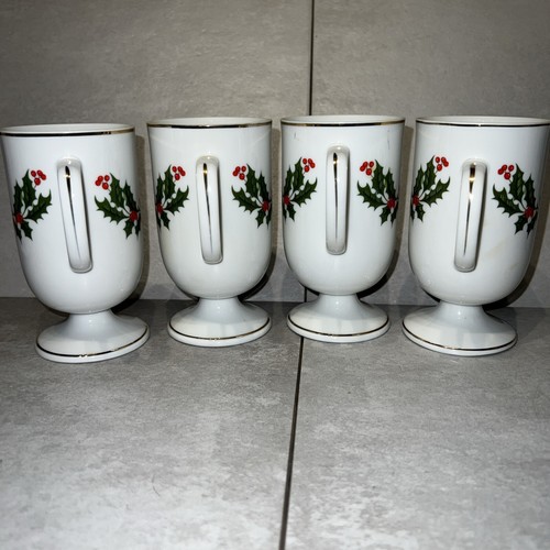 Set of 4 Vintage Japanese Fine Porcelain Christmas Holly Footed Holiday Mugs✅ - Bild 9 von 10