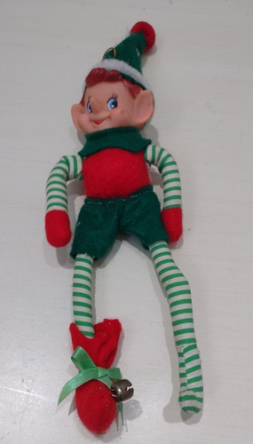 Vintage Bendable Pixie Elf Ornament Missing One Bootie Vinyl Face Jingle Bell