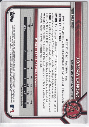 2022 Bowman Draft 1st Edition - #BD-78 Jordan Lawlar (RC) - Picture 2 of 2