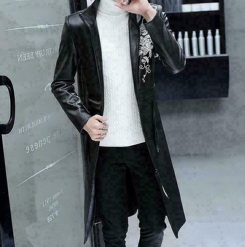 Printing Mens Eco Leather Trench Coat Slim Fit Parka Hooded/Stand Collar Fashion - Picture 12 of 16