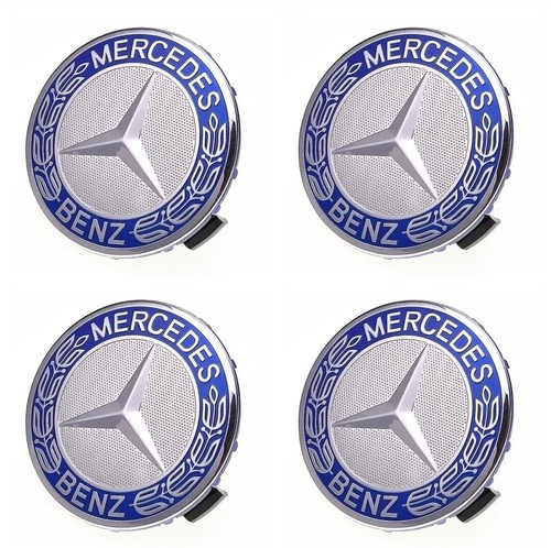 4 x Blue Mercedes Benz 75mm Alloy Wheel Centre Caps AMG A B C E S M Class Hub - Picture 1 of 2
