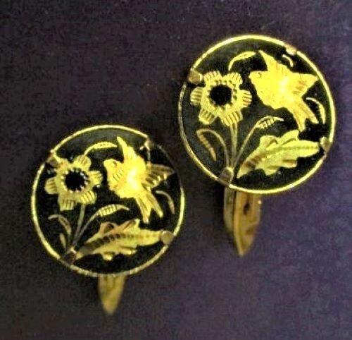 VINTAGE 1950'S  "FLOWER & BIRD"  TOLEDO DAMASCENE CUFFLINKS - SPAIN - Picture 1 of 3