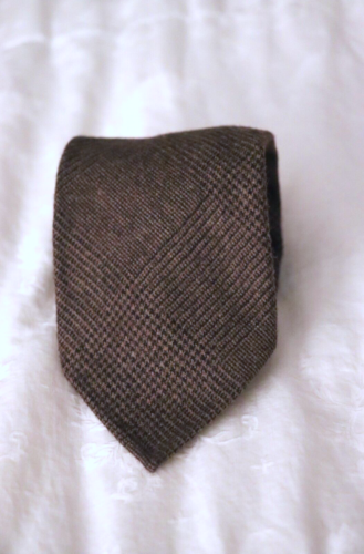 RARE OLOF 1982 Mocha Brown Glen Plaid Check Hand Rolled Unlined Wool Tweed Tie - Picture 2 of 14
