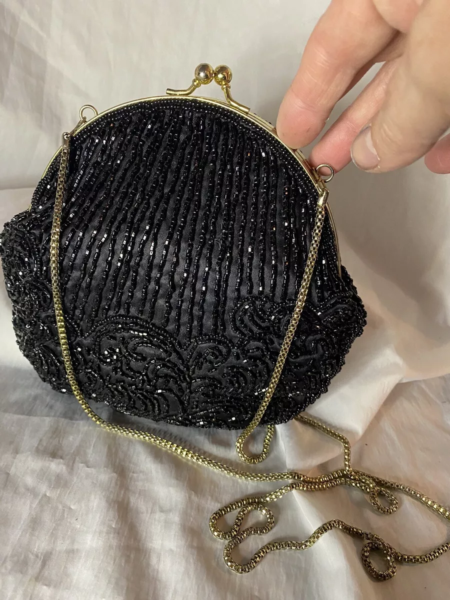 La Regale LTD Vtg Black Beaded Evening Purse Gold like Chain Handmade Prom