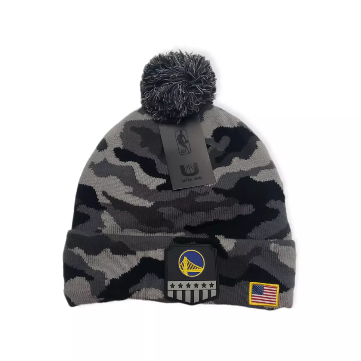 Golden State Warriors Ultra Game Camo Cuffed Pom Knit Skull Cap Gray Black OSFM