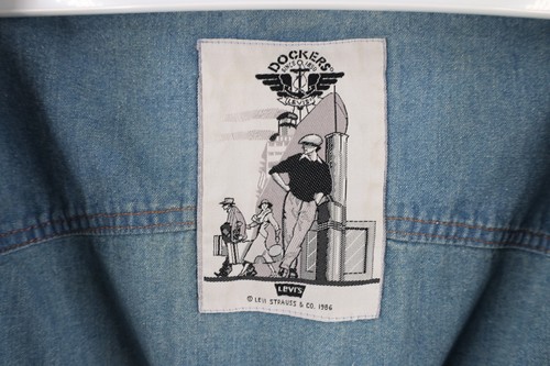 Vintage 80s Dockers x Levis Mens Medium Distressed Leather Collar Denim Jacket - Picture 11 of 17