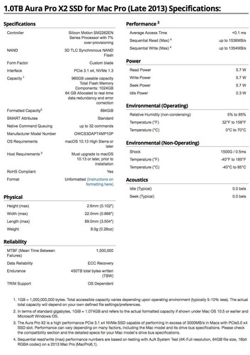 OWC 1,0TB Aura Pro X2 SSD Upgrade kompatibel mit Mac Pro (Ende 2013) - Bild 6 von 6