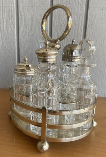 1887 Walker & Hall Victorian Silver Plate Antique Cut Crystal 6 pc Cruet Set - Picture 7 of 16