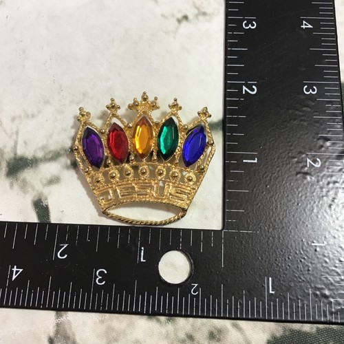 Vintage Krone Brosche Anstecknadel goldfarben mit bunten Strasssteinen verziert - Bild 4 von 4