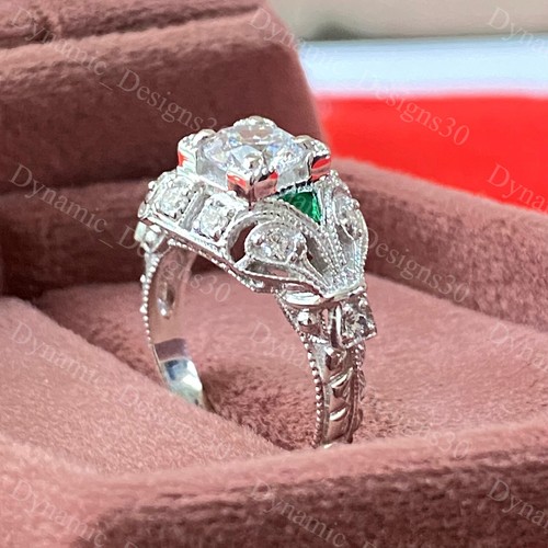 Anillo de compromiso Art Deco vintage de plata 925 con diamantes y esmeraldas creados en laboratorio de 2,85 quilates - Imagen 12 de 21