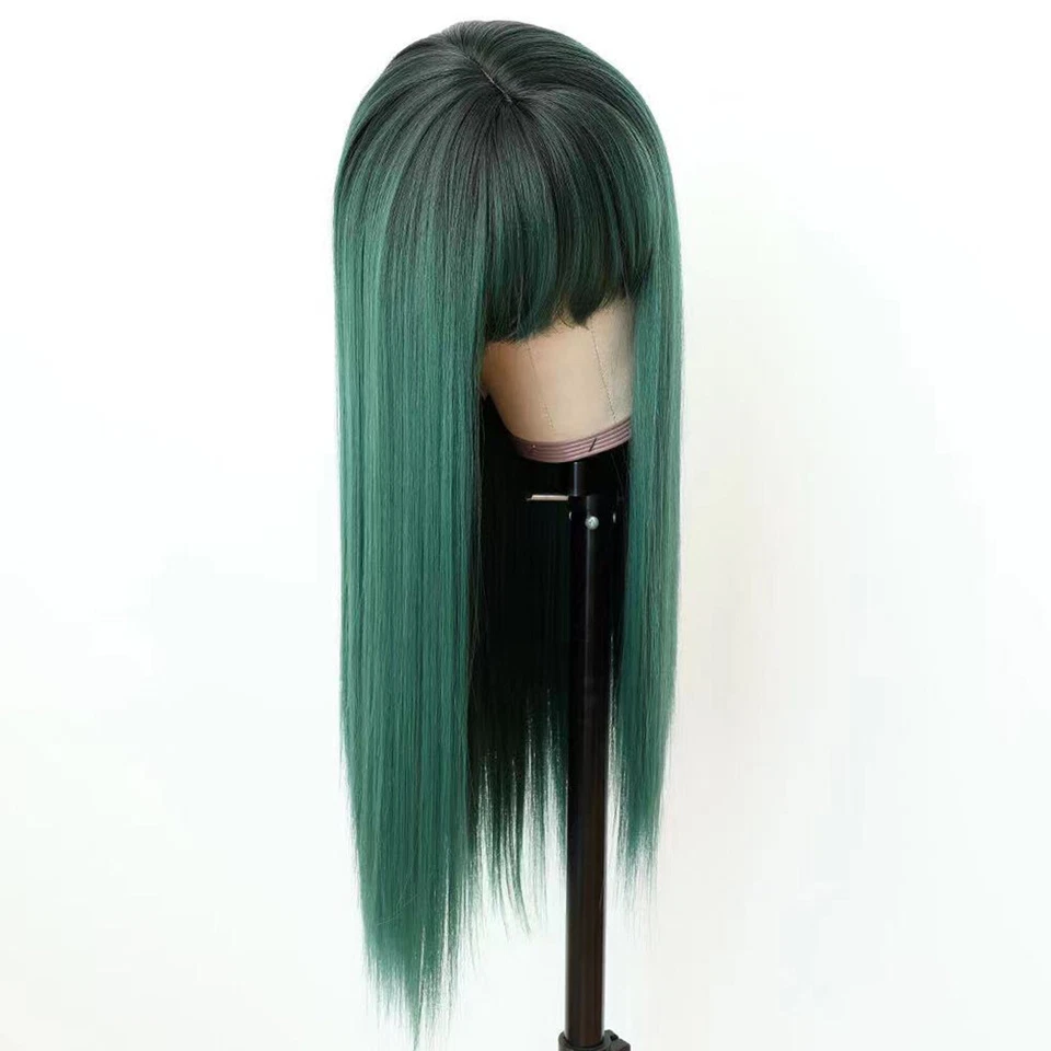 Pelucas Verdes Ombre Flequillo Largo Recto Mujeres Fibra Sintética Cabello Fiesta Foto 4 de 4
