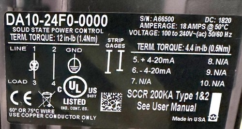 Watlow DA10-24F0-0000 Solid State Power Control 100-240V 50/60 Hz - Picture 2 of 2
