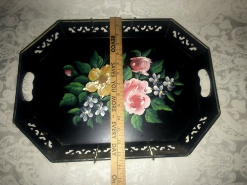 Vintage schwarz Metall Cottage Tole handbemalt Kohlrose Blumen Tablett 18” x 13” - Bild 8 von 12