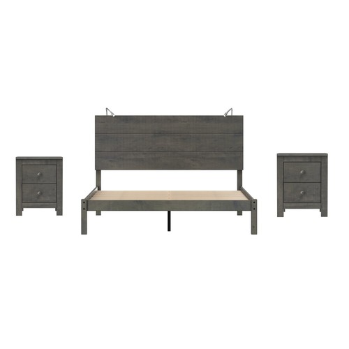 3 PCS Sets, Queen Size Farmhouse Platform Bed with Lights, 2 Nightstand, Gray - Picture 4 of 18