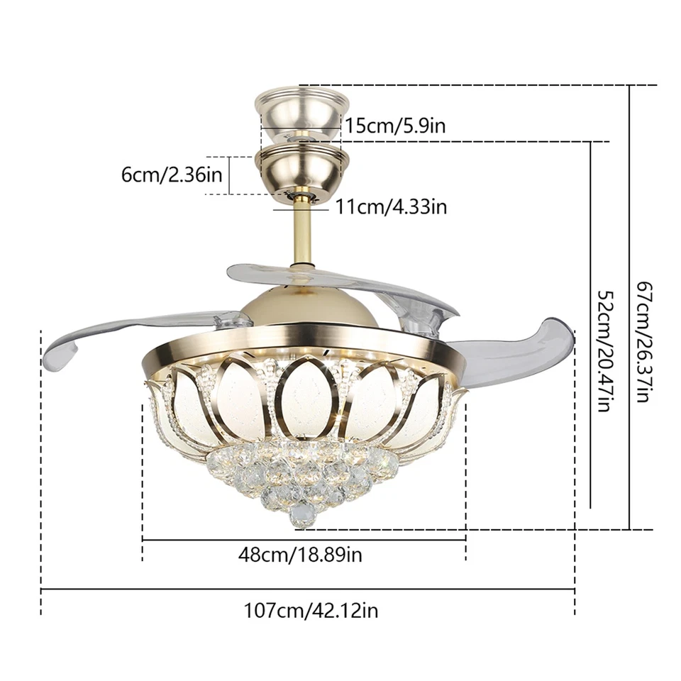 2-in-1 42" Crystal Invisible Ceiling Fan Light LED Chandelier Fan Lamp Remote US - Image 2 of 4