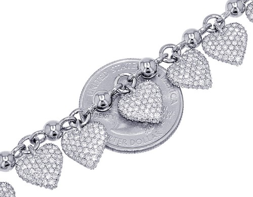 Pave' Set Dangling Hearts 6 7/10 CT Real Diamond Designer Rolo Link Bracelet ... - Picture 3 of 8