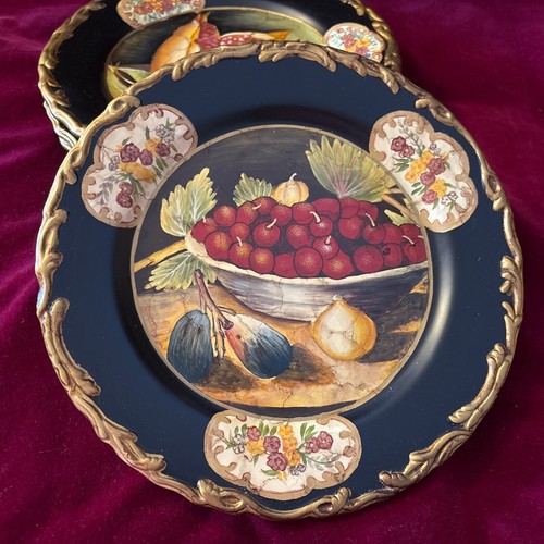 Set/4 Raymond Waites Toyo schwarz Deko Obst 10 1/4" Teller überbacken Gold