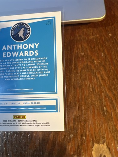 Anthony Edwards 2020-21 Panini Donruss Rated Rookie Card RC #201 Timberwolves - Picture 5 of 6