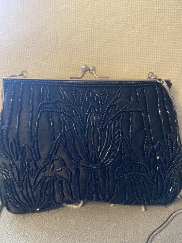 Vintage Abendtasche Clutch mit Perlen schwarz mit Schulterkette Hochzeit Abschlussball - Bild 3 von 8