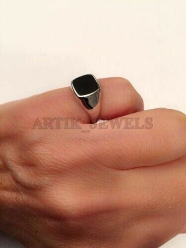 Natural Black Onyx Gemstone with 14K White Gold Plated Silver Ring for Men #1153 - Picture 8 of 13