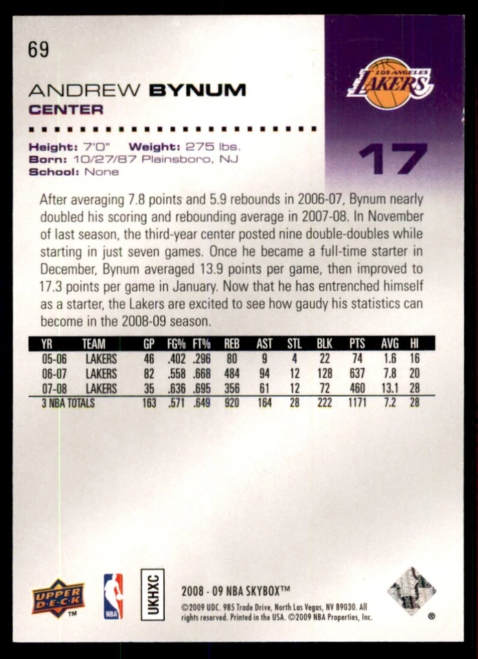 Tarjetas de baloncesto 2008-09 NBA Skybox Andrew Bynum #69 Foto 2 de 2