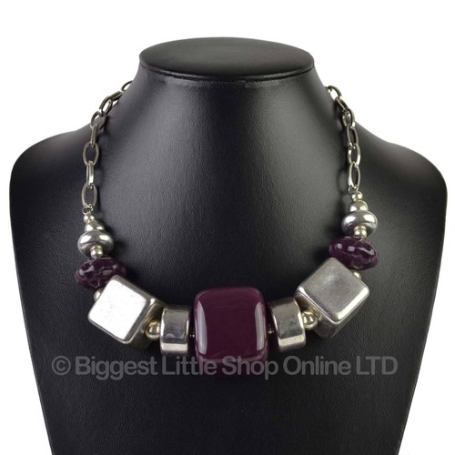 NEW Ladies Chunky Square NECKLACE Evening Silver Blue Purple Fashion Statement - Picture 2 of 7