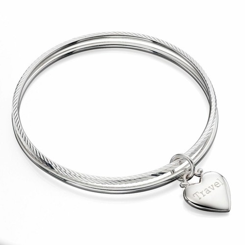 Diamond Cut Double Bangle With Heart Tag Solid Sterling Silver Hallmarked - Picture 2 of 3