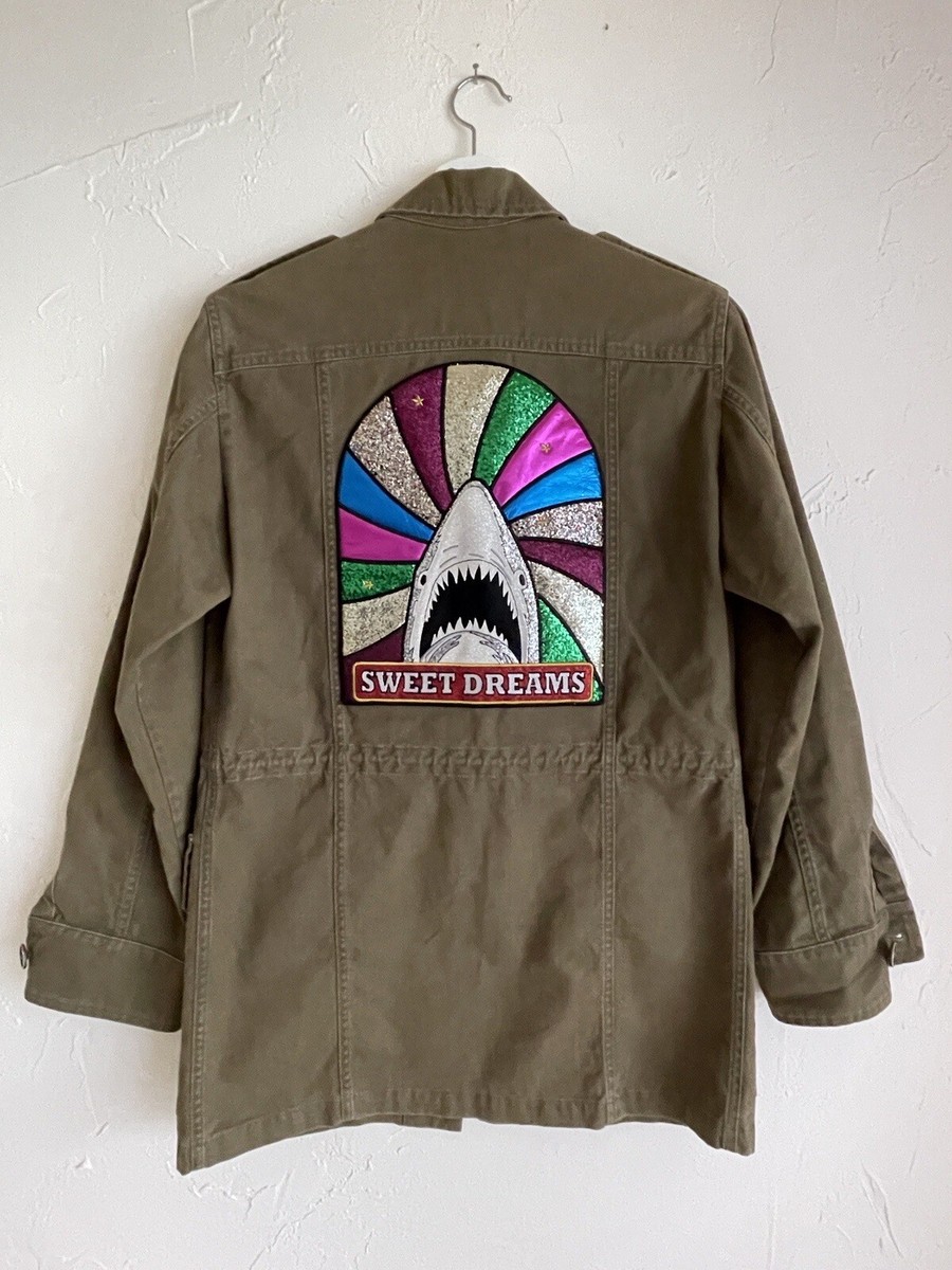 SAINT LAURENT jacket, green, Sweet Dreams shark patch detail