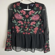 American Eagle Outfitters Layered Embroidered Blouse-Black-XS