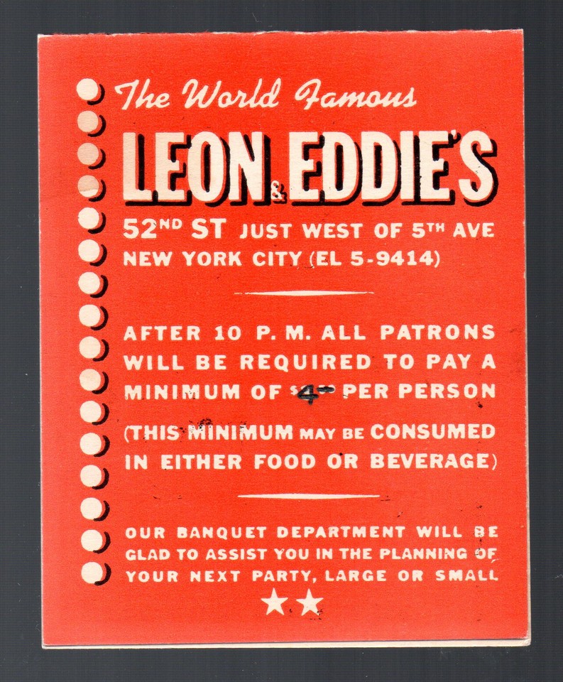 WW II era New York City supper club table card, Leon & Eddie's, ( world