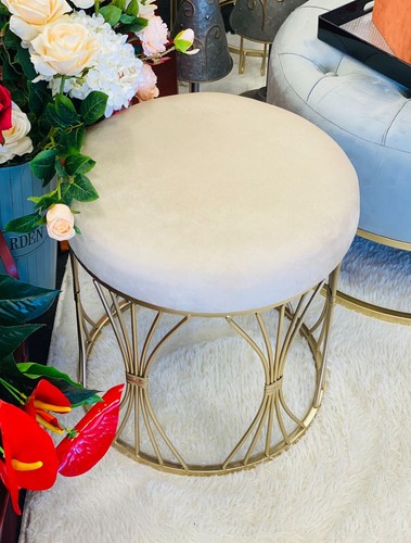 Handmade Velvet ottoman/OTM/Stool with Gold Metal Base-popular beige - Picture 6 of 22