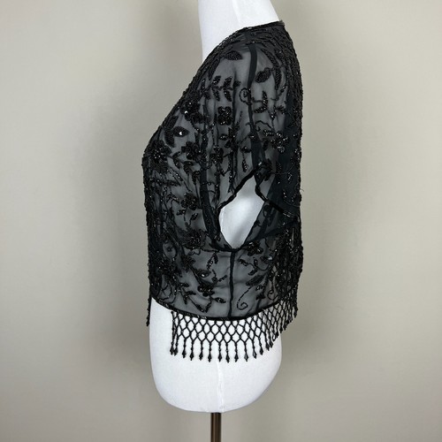 Topper vintage para mujer 10 negro transparente con cuentas flecos floral recortado manga corta - Imagen 6 de 18