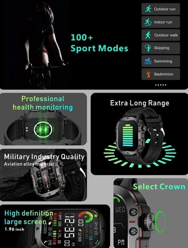 IP68 Waterproof Rugged Smartwatch Men Wireless Call Fitness Outdoor Sports Watch - Picture 9 of 10
