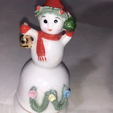 Vintage bone china 3 3/4" high Christmas bells Red Scarf Hat Snowman Taiwan/6a