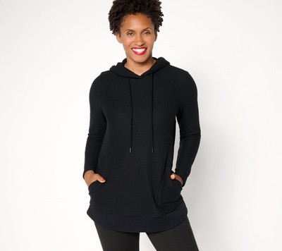 Denim & Co. Active Waffle Knit Mixed Media Hooded Pullover Black XL New