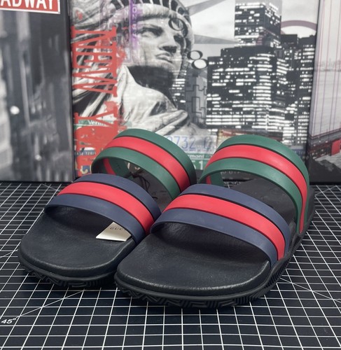 Gucci Agrado Rubber Double Strap Stripe Slides Sandals Size UK 8, US 8.5-9 NEU