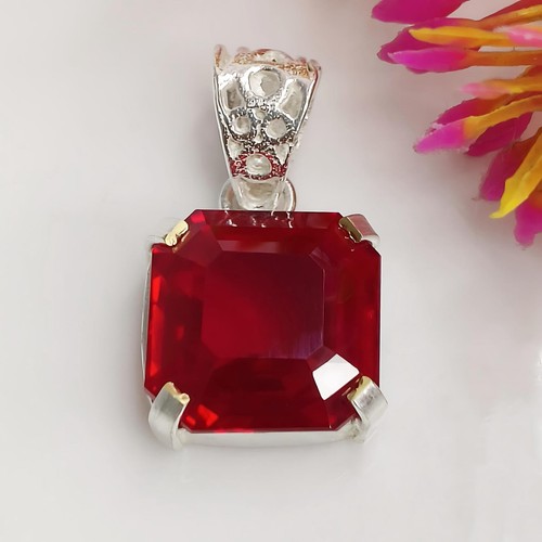 Natural Red Ruby Pendant 41 Ct Certified Cut 925 Sterling Silver Loose Gemstone - Picture 2 of 6